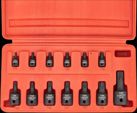 10281B Impact Torx Bit Socket Set, 1/4", 3/8", and 1/2" Drive, 6 Point Star Sockets, Heavy Duty Impact Grade Cr-Mo, T10 to T60 High Impact, Professional Grade Auto & Motorcycle Mechanic Socket