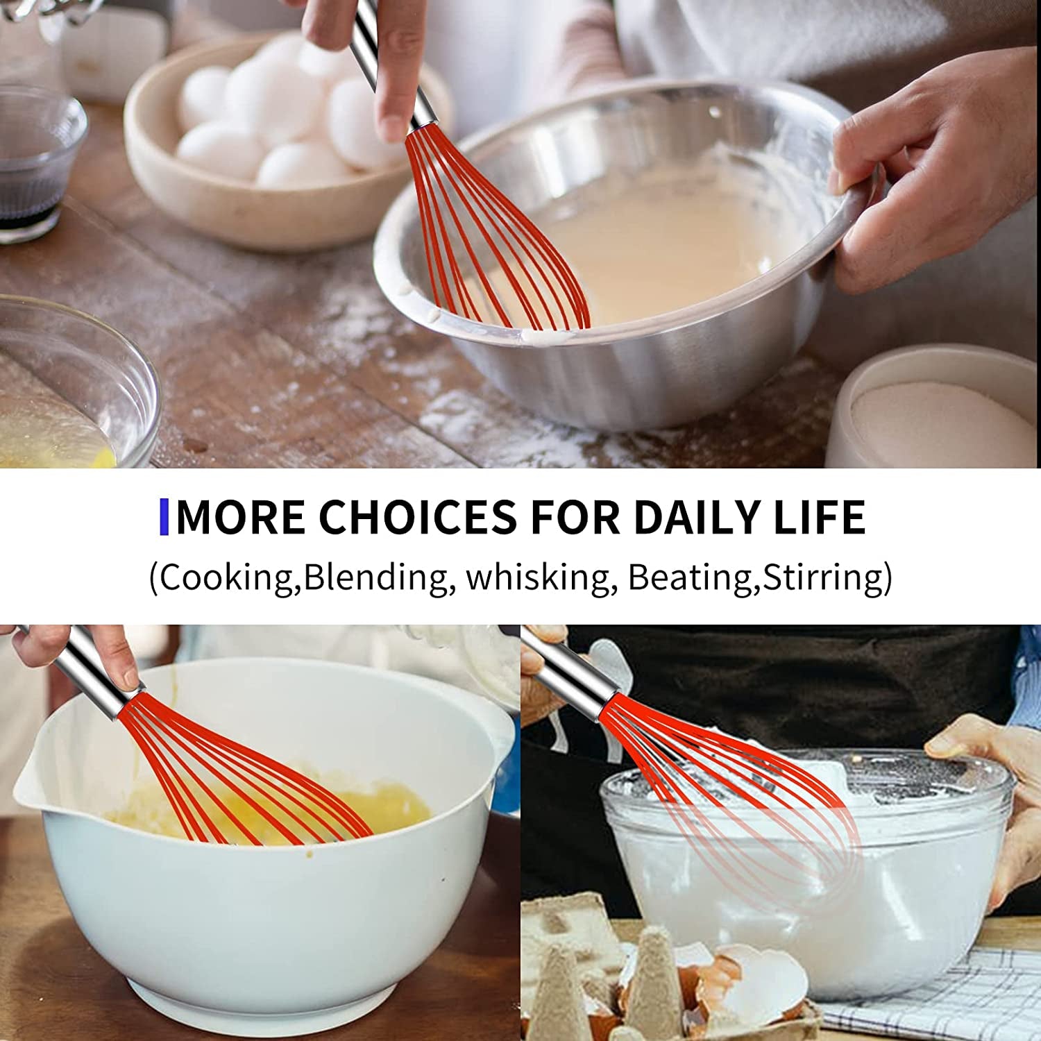 Silicone Whisk, Heat Resistant Stainless Steel Wire Whisk Set of 3, Kitchen Cooking Whisks No Scratch, Non-Stick Cookware Balloon Egg Beater for Blending, Whisking, Frothing & Stirring, Red