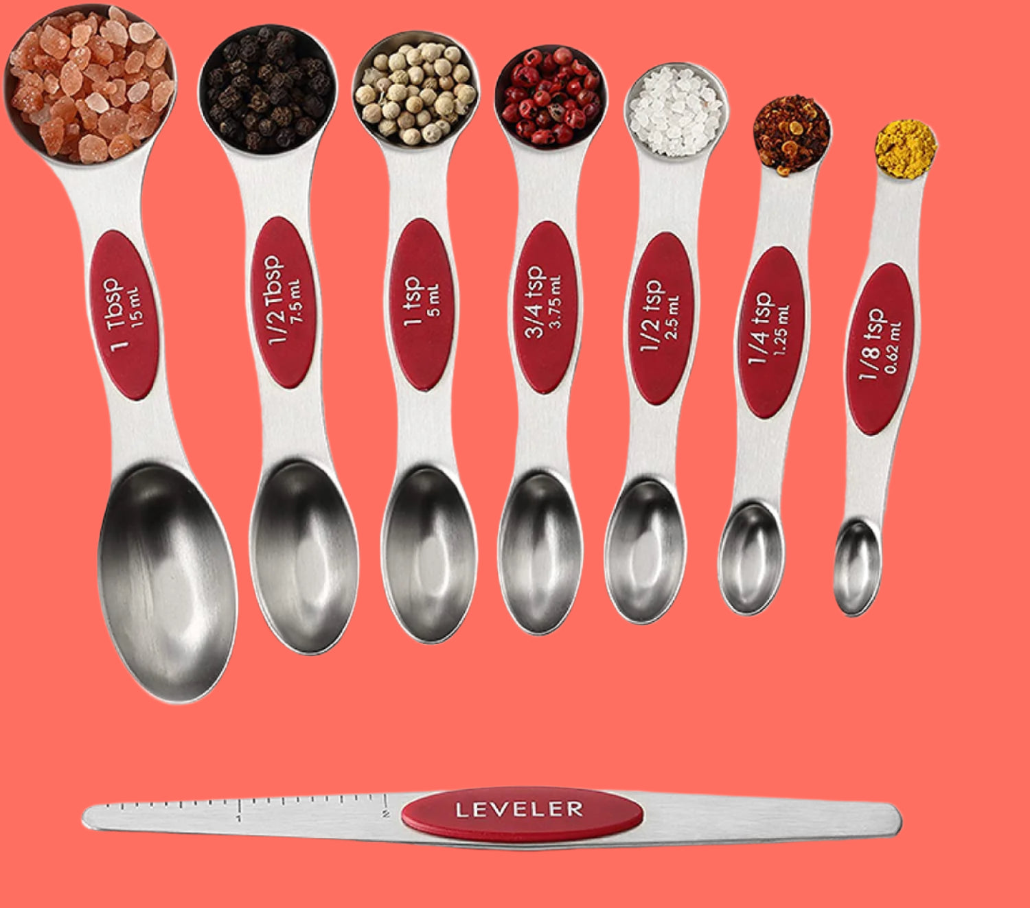 Red Stainless Steel Magnetic Measuring Spoons Set of 8 with Leveler, Dual Sided Nesting Teaspoon & Tablespoon Measuring Spoons, Kitchen Gadgets for Baking & Cooking, Fits in Spice Jars