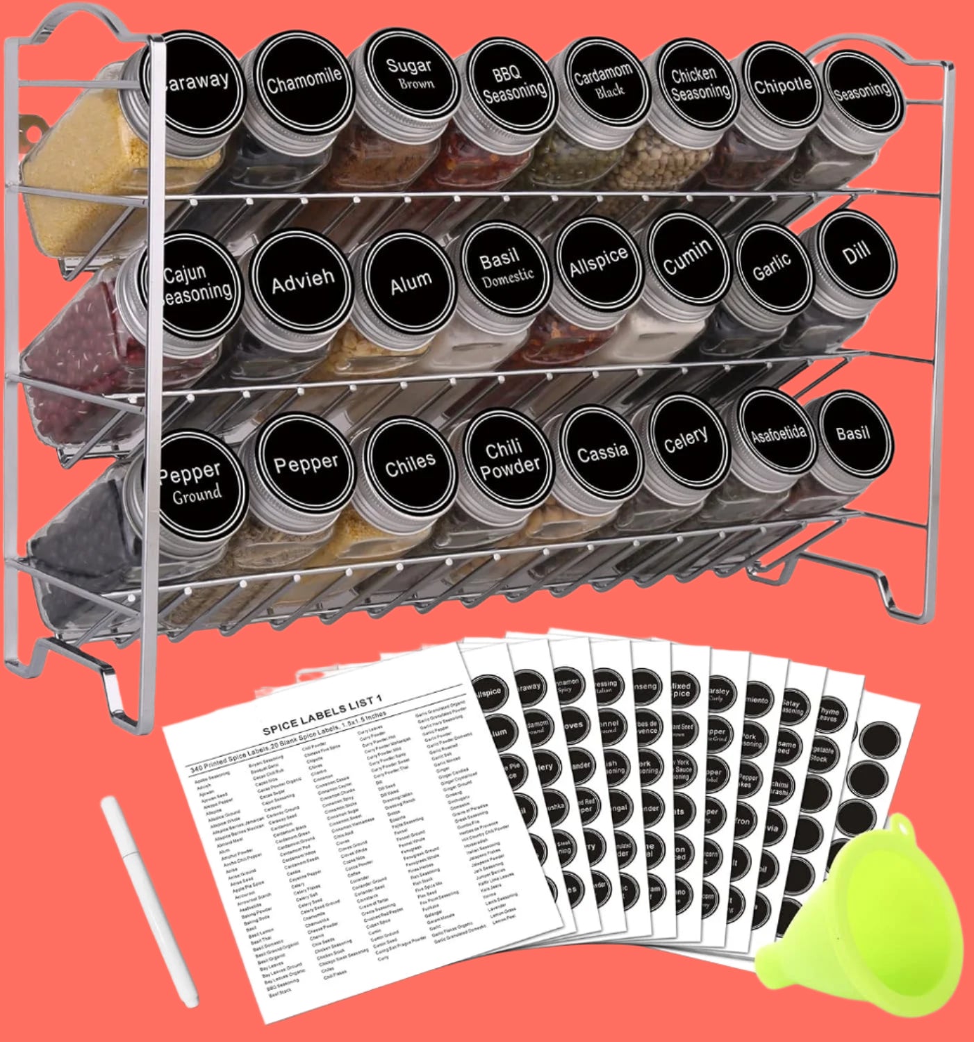 Spice Rack Organizer with 24 Empty Glass Spice Jars, 396 Spice Labels with Chalk Marker and Funnel Complete Set, for Countertop, Cabinet or Wall Mount, Silver