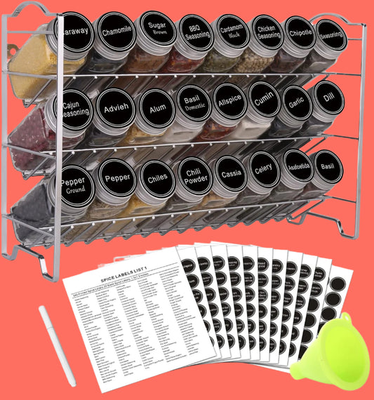 Spice Rack Organizer with 24 Empty Glass Spice Jars, 396 Spice Labels with Chalk Marker and Funnel Complete Set, for Countertop, Cabinet or Wall Mount, Silver