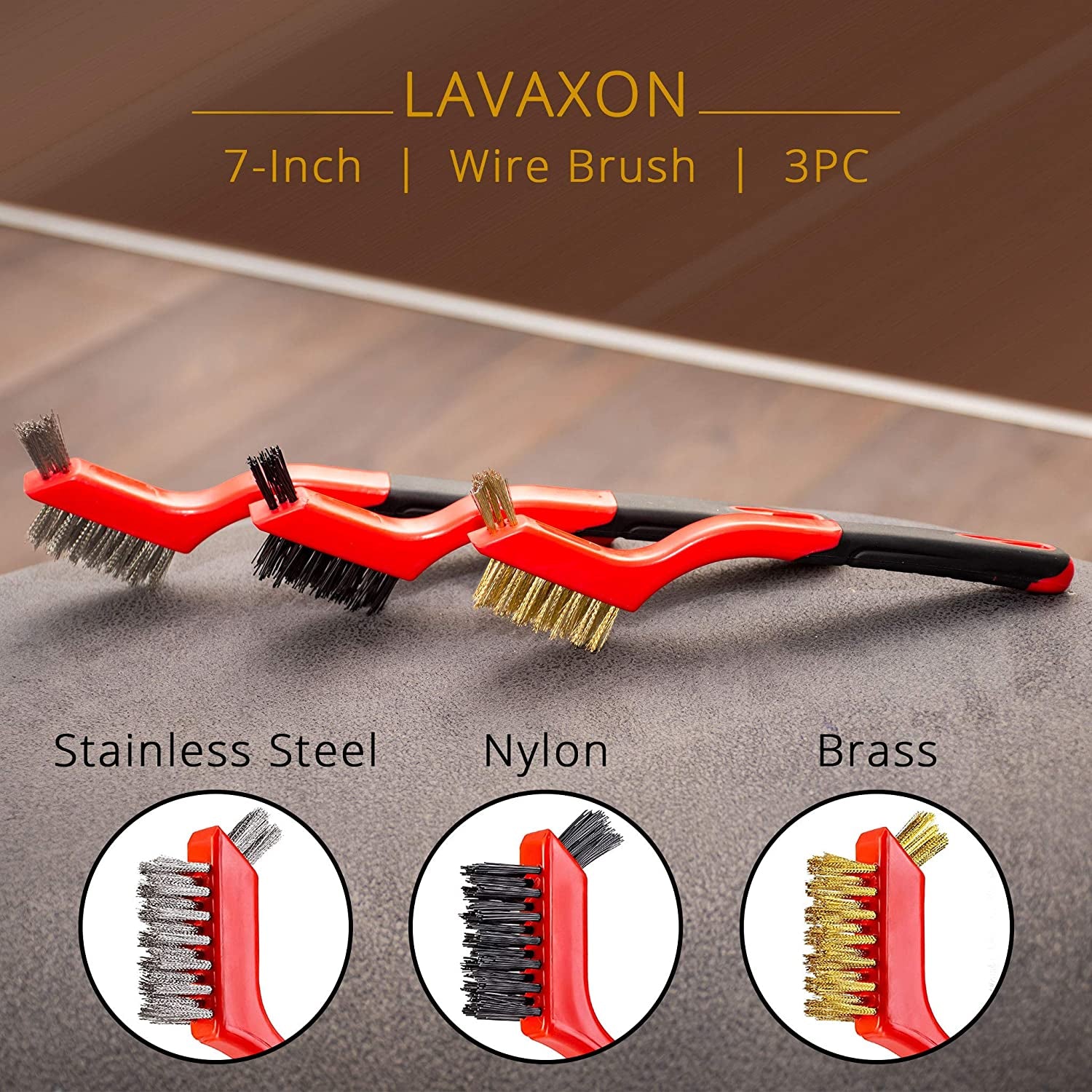 Wire Brush Set 3Pcs - Nylon/Brass/Stainless Steel Bristles with Curved Handle Grip for Rust, Dirt & Paint Scrubbing with Deep Cleaning – 7 Inches (Red)