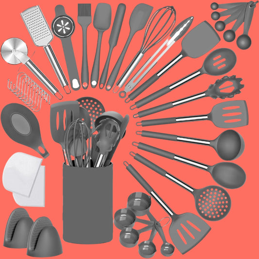 Silicone Kitchen Cooking Utensil Set, 43 Pcs Silicone Spatula with Stainless Steel Handle, Non-Stick Heat Resistant - Best Cookware (Grey)