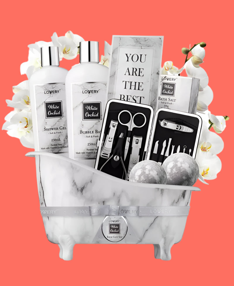 Self Care Gift Basket, White Orchid Care Package, Bath and Body Gift Set, Pampering Package, 20 Piece