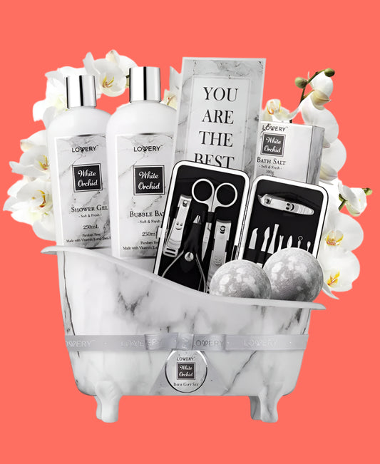 Self Care Gift Basket, White Orchid Care Package, Bath and Body Gift Set, Pampering Package, 20 Piece