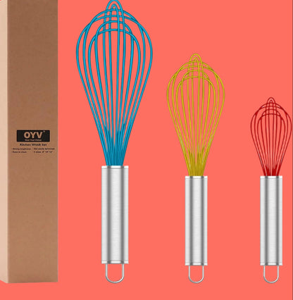 Whisk,Sturdy Stainless Steel Wires Coated in Professional Silicone,3 Pack Whisks for Cooking,Mini Whisk,Colored Balloon Egg Beater for Blending,Whisking,Beating,Stirring,Cooking,Baking (Multi)