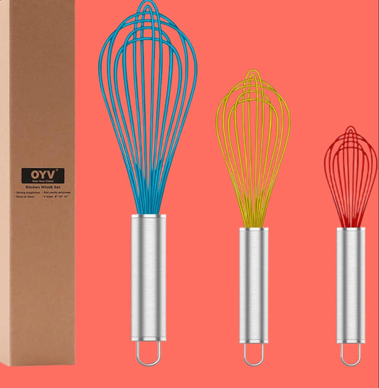 Whisk,Sturdy Stainless Steel Wires Coated in Professional Silicone,3 Pack Whisks for Cooking,Mini Whisk,Colored Balloon Egg Beater for Blending,Whisking,Beating,Stirring,Cooking,Baking (Multi)