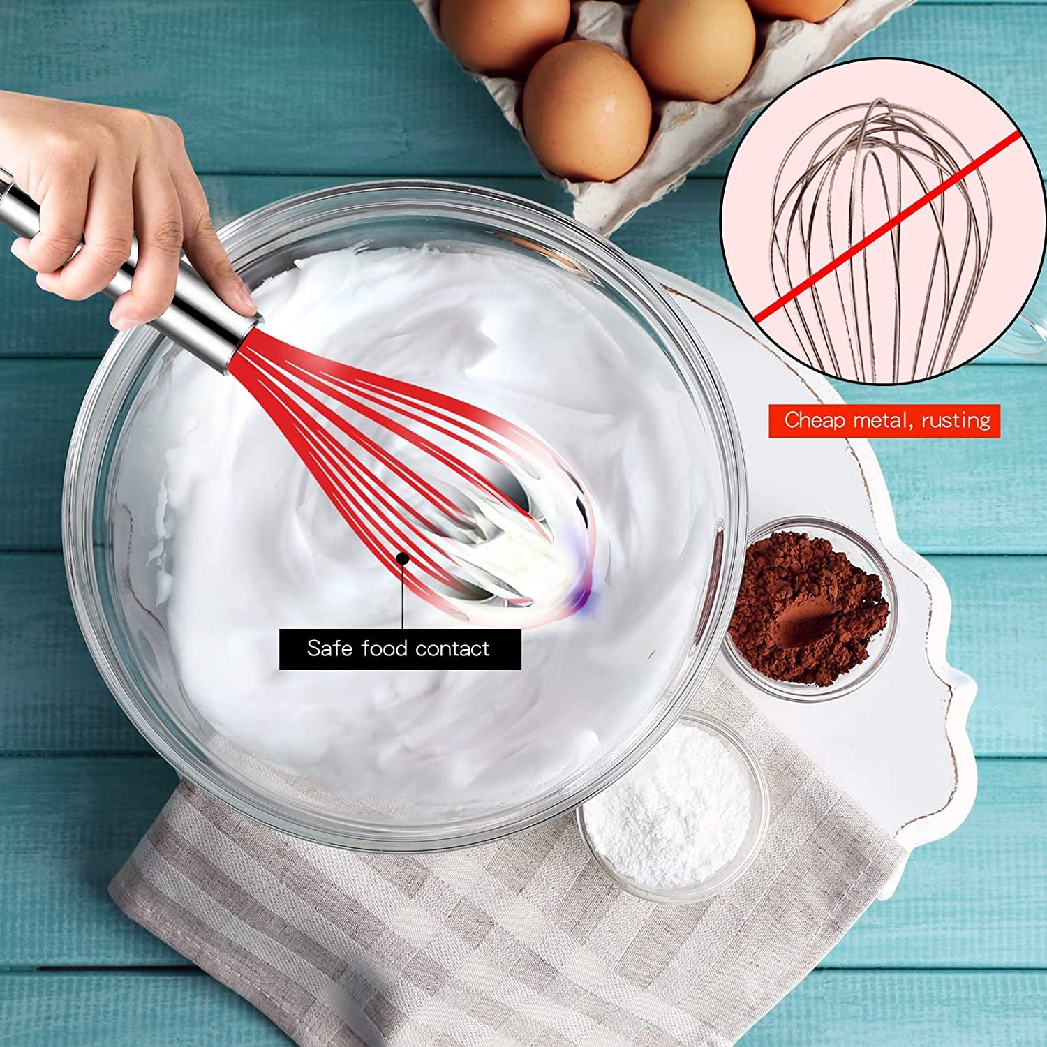 Silicone Whisk, Heat Resistant Stainless Steel Wire Whisk Set of 3, Kitchen Cooking Whisks No Scratch, Non-Stick Cookware Balloon Egg Beater for Blending, Whisking, Frothing & Stirring, Red