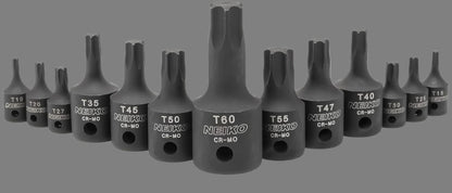 10281B Impact Torx Bit Socket Set, 1/4", 3/8", and 1/2" Drive, 6 Point Star Sockets, Heavy Duty Impact Grade Cr-Mo, T10 to T60 High Impact, Professional Grade Auto & Motorcycle Mechanic Socket