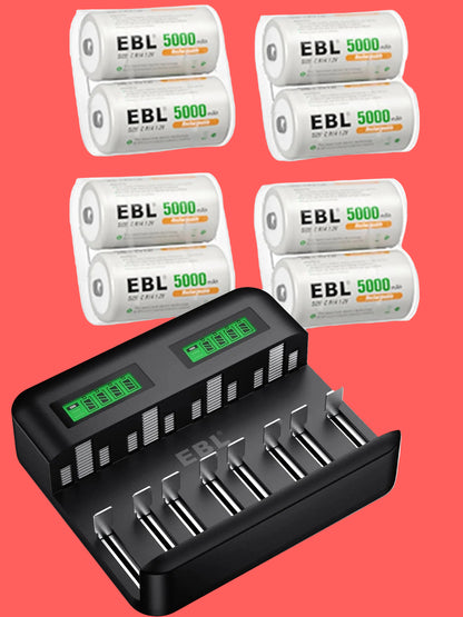 8-Pack C Rechargeable Batteries 5000Mah with 8 Bay Battery Charger for Ni-Mh AA AAA C D Batteries