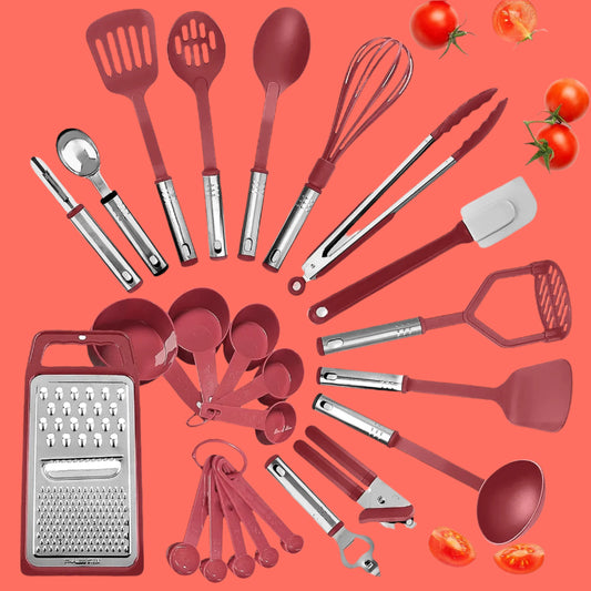 Stainless Steel Cooking Utensil Set, Non-Stick Cookware Set, 24Pc Heat Resistant Nylon Kitchen Accessories, Red