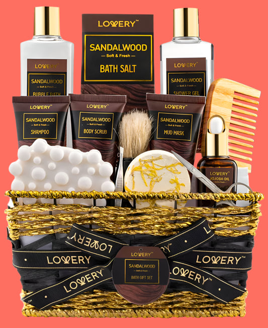 Body Care Gift Set, Sandalwood Bath Gift Set, Grooming Self Care Kit, 14 Piece