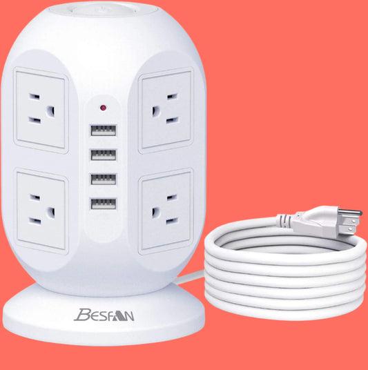 Tower Surge Protector Power Strip,  10 Ft Extension Cord with Multiple Outlets, 1050J Surge Protector, 8 Outlets 4 USB Ports Charging Station for Home Office Supplies Desk Accessories