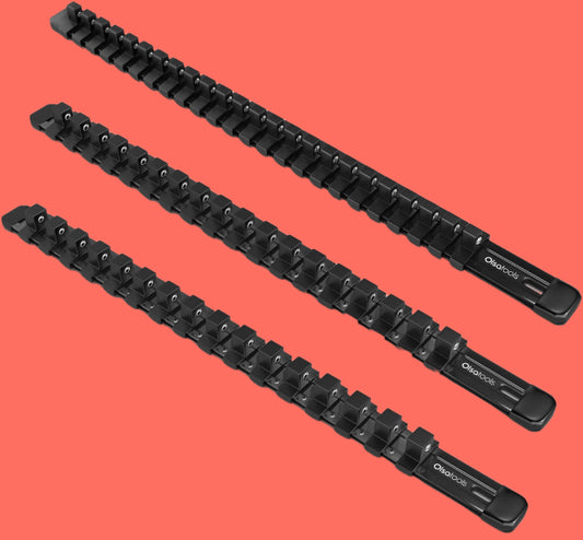 Socket Organizer Set (3Pc, Black) - Socket Holder and Socket Rail for 1/2-Inch, 3/8-Inch, and 1/4-Inch Drive Sockets - Holds 58 Chrome or Impact Sockets - Professional-Grade - Part: 1023