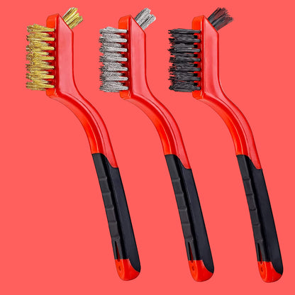Wire Brush Set 3Pcs - Nylon/Brass/Stainless Steel Bristles with Curved Handle Grip for Rust, Dirt & Paint Scrubbing with Deep Cleaning – 7 Inches (Red)