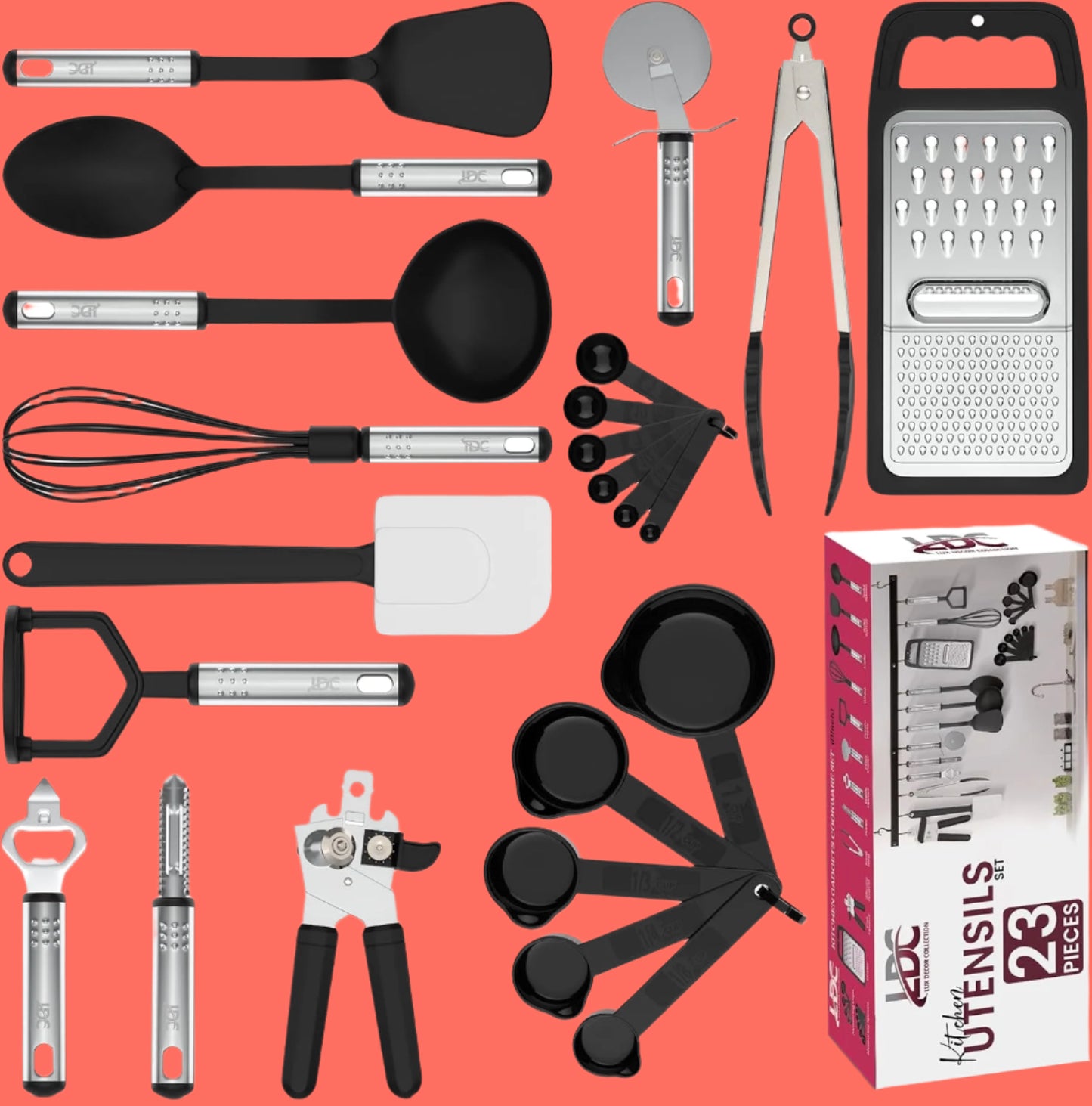 LDC Cooking Utensils Set BPA Free, Food Grade - Heat Resistant Non-Stick Cooking Set with Stainless Steel Handles, Kitchen Essential Tools and Gadgets, 23 Piece - Black