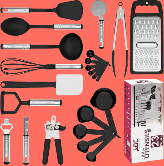 LDC Cooking Utensils Set BPA Free, Food Grade - Heat Resistant Non-Stick Cooking Set with Stainless Steel Handles, Kitchen Essential Tools and Gadgets, 23 Piece - Black