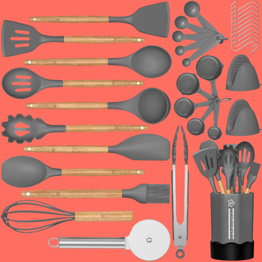 Silicone Cooking Utensil Set, 35 Pcs Kitchen Utensils by , Non-Stick Heat Resistant Kitchen Gadgets Cookware with Natural Wooden Handle -(Gray)