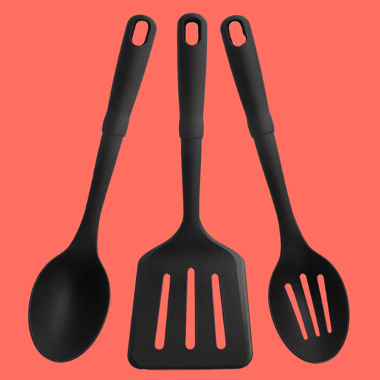 3-Piece Kitchen Utensil Set, Slotted Spatula, Slotted Spoon and Solid Spoon, Black, Nylon