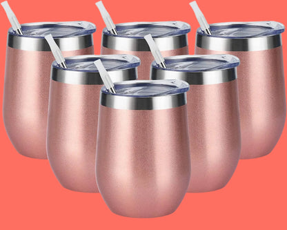 6 Pack Stainless Steel Wine Tumblers, 12Oz Insulated Wine Tumbler, Double Wall Insulated Wine Glass, Stainless Steel Stemless Wine Cups with Lids for Coffee, Wine, Cocktails, Champaign, Rose Gold…