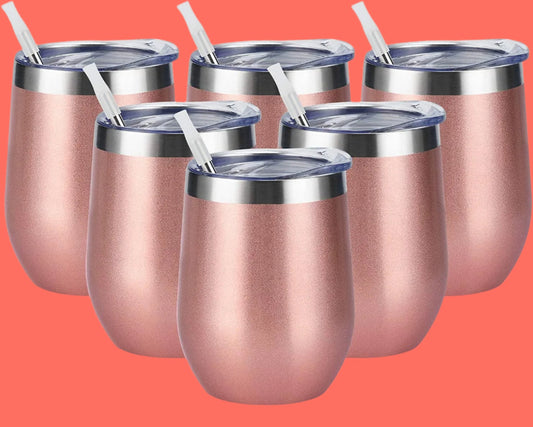 6 Pack Stainless Steel Wine Tumblers, 12Oz Insulated Wine Tumbler, Double Wall Insulated Wine Glass, Stainless Steel Stemless Wine Cups with Lids for Coffee, Wine, Cocktails, Champaign, Rose Gold…