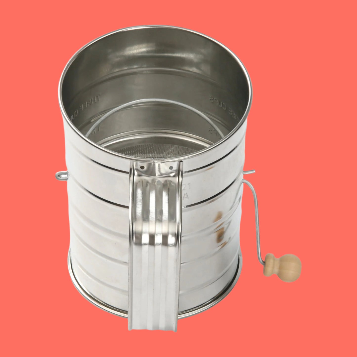 Stainless Steel 3 Cup Flour Hand-Crank Sifter with Beechwood Handle Silver