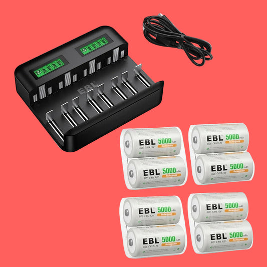 8-Pack C Rechargeable Batteries 5000Mah with 8 Bay Battery Charger for Ni-Mh AA AAA C D Batteries