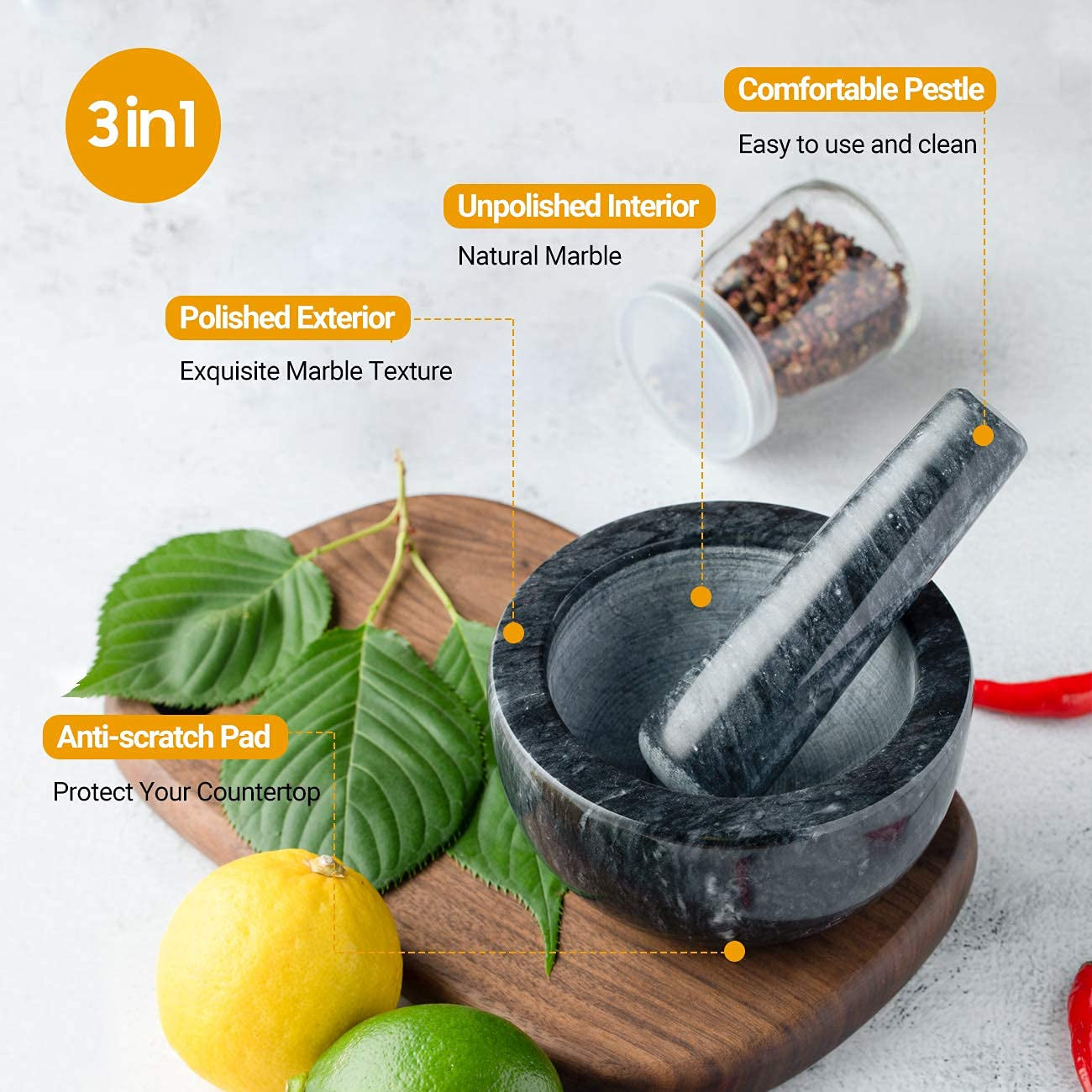 Marble Mortar and Pestle Set Small Bowl Solid Stone Grinder Spice Herb Grinder Pill Crusher (Black, Diameter 4.64")