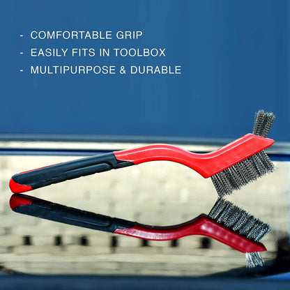 Wire Brush Set 3Pcs - Nylon/Brass/Stainless Steel Bristles with Curved Handle Grip for Rust, Dirt & Paint Scrubbing with Deep Cleaning – 7 Inches (Red)