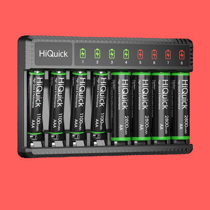 8-Bay Smart Charger with AA AAA Rechargeable Battery, 4 X 2800Mah AA & 4 X1100Mah AAA Batteries – Fast Charging for Home Devices