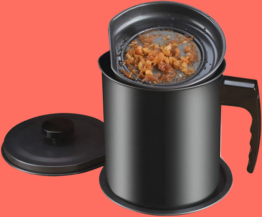 Bacon Grease Container with Strainer- 1.3 L or 5.2 Cup Iron Kitchen Oil Storage Can with Fine Mesh Strainer for Storing Hot Frying Oil, Fat (Black)