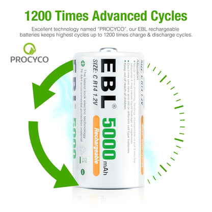 8-Pack C Rechargeable Batteries 5000Mah with 8 Bay Battery Charger for Ni-Mh AA AAA C D Batteries