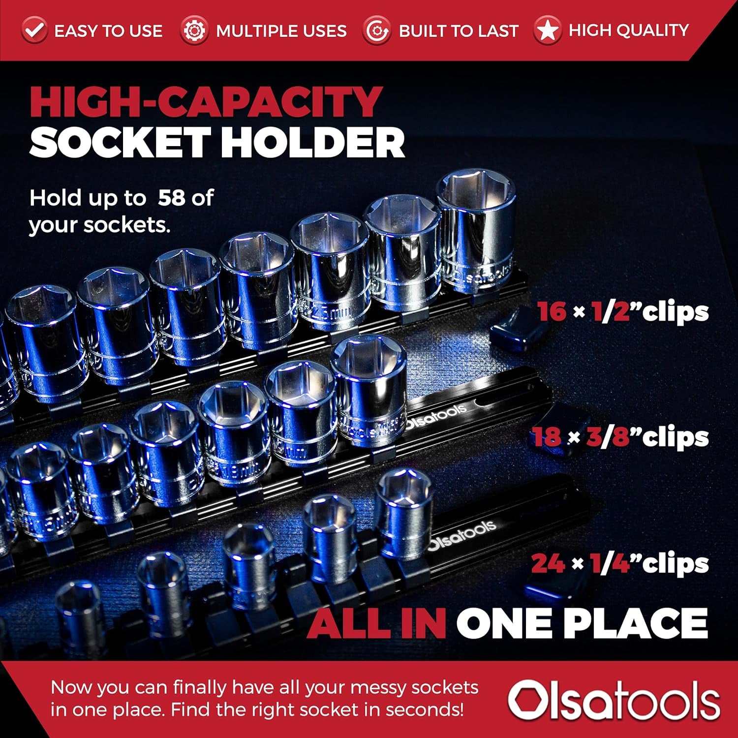 Socket Organizer Set (3Pc, Black) - Socket Holder and Socket Rail for 1/2-Inch, 3/8-Inch, and 1/4-Inch Drive Sockets - Holds 58 Chrome or Impact Sockets - Professional-Grade - Part: 1023