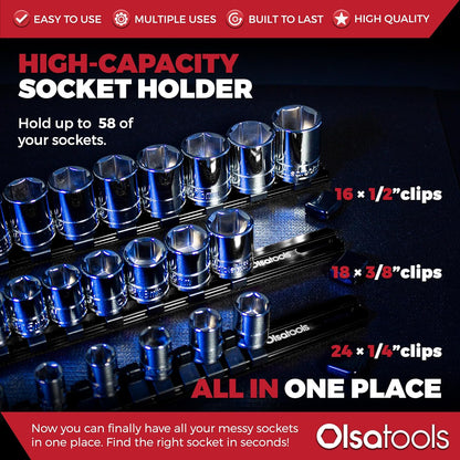 Socket Organizer Set (3Pc, Black) - Socket Holder and Socket Rail for 1/2-Inch, 3/8-Inch, and 1/4-Inch Drive Sockets - Holds 58 Chrome or Impact Sockets - Professional-Grade - Part: 1023