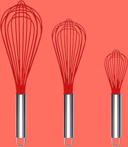 Silicone Whisk, Heat Resistant Stainless Steel Wire Whisk Set of 3, Kitchen Cooking Whisks No Scratch, Non-Stick Cookware Balloon Egg Beater for Blending, Whisking, Frothing & Stirring, Red