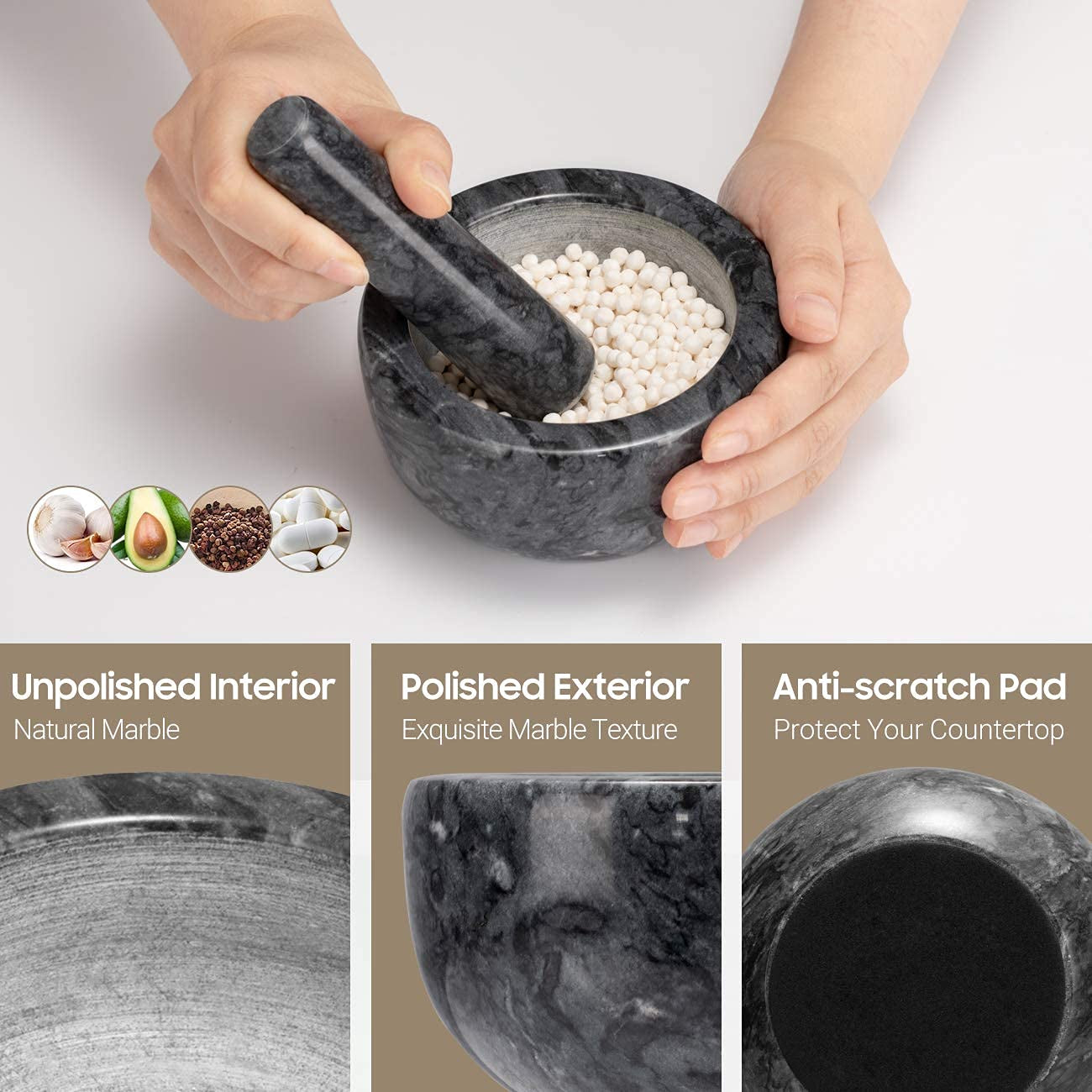 Marble Mortar and Pestle Set Small Bowl Solid Stone Grinder Spice Herb Grinder Pill Crusher (Black, Diameter 4.64")