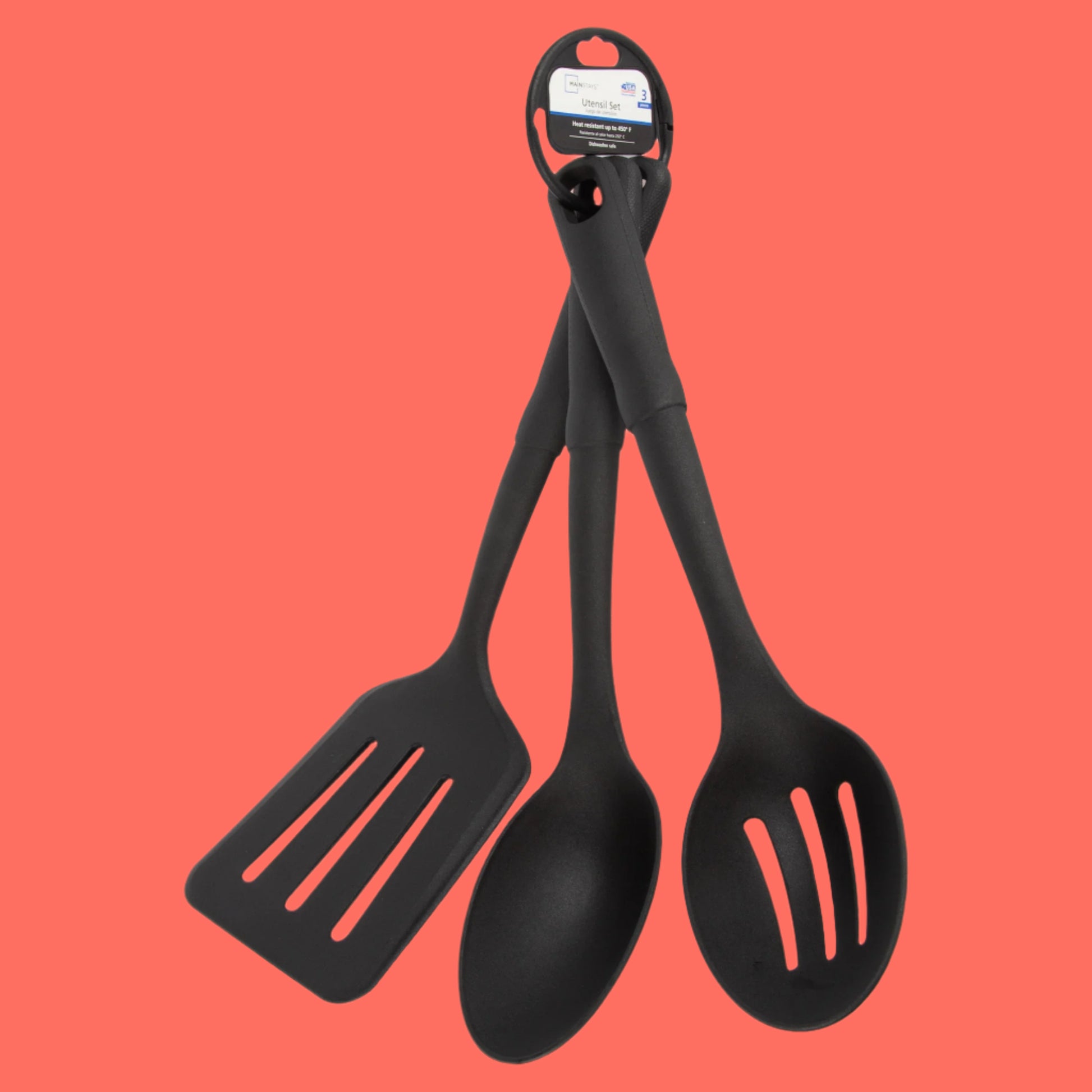 3-Piece Kitchen Utensil Set, Slotted Spatula, Slotted Spoon and Solid Spoon, Black, Nylon