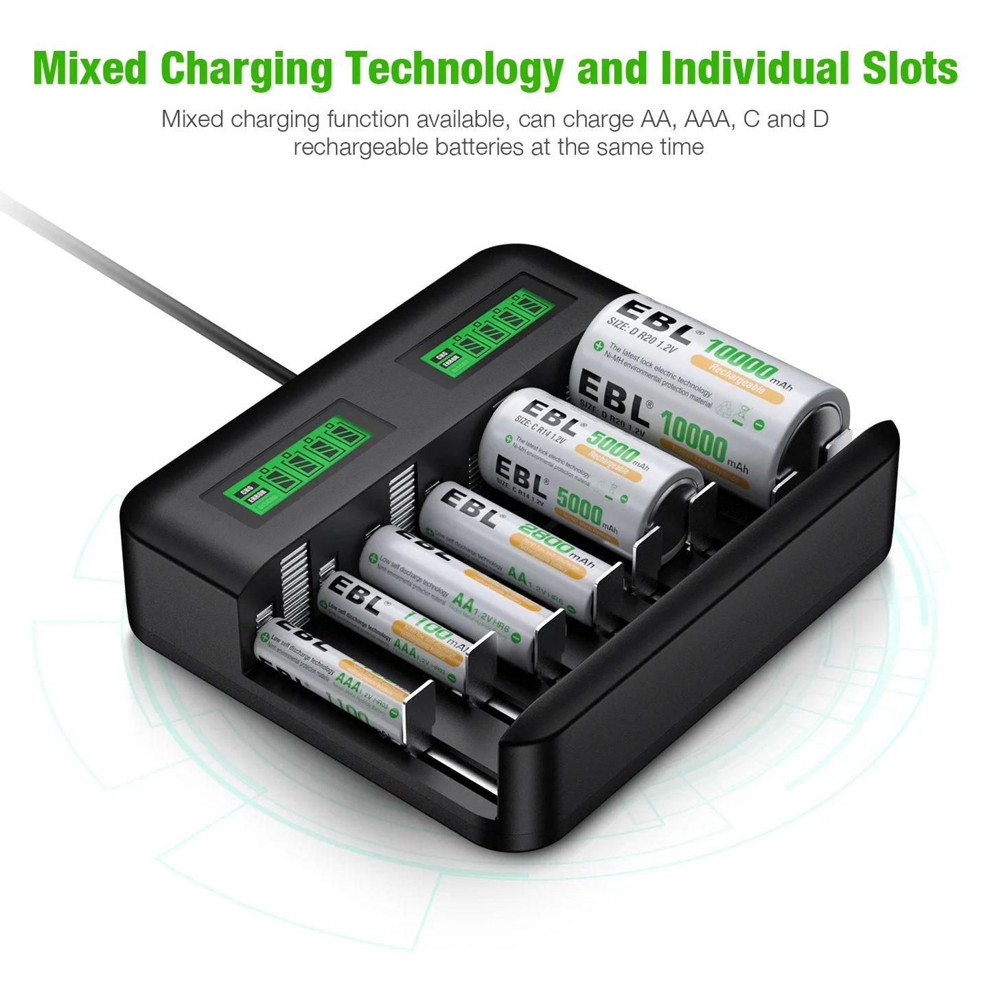 8-Pack C Rechargeable Batteries 5000Mah with 8 Bay Battery Charger for Ni-Mh AA AAA C D Batteries