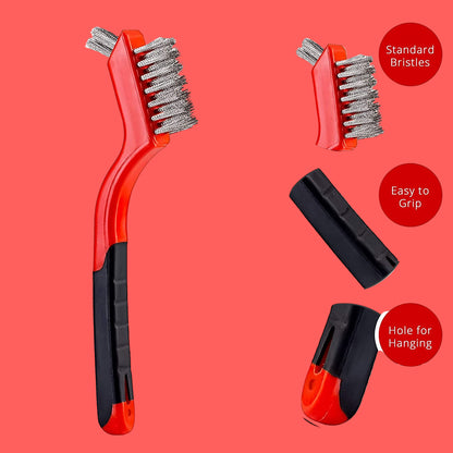 Wire Brush Set 3Pcs - Nylon/Brass/Stainless Steel Bristles with Curved Handle Grip for Rust, Dirt & Paint Scrubbing with Deep Cleaning – 7 Inches (Red)