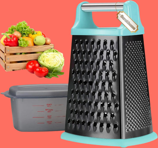 Cheese Grater with Handle, Stainless Steel Box Grater, 4 Side Kitchen Vegetable Shredder Slicer Zester with Container for Parmesan, Cabbage, Ginger, Lemon, Chocolate, Coconut (Teal Black)