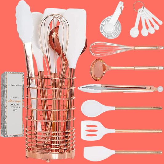 White Silicone and Copper Kitchen Utensils Set with Holder - 17-Piece Rose Gold Cooking Tools for Nonstick Cookware, with Measuring Cups, Spoons, & Utensil Holder - Stylish Copper Kitchen Accessories