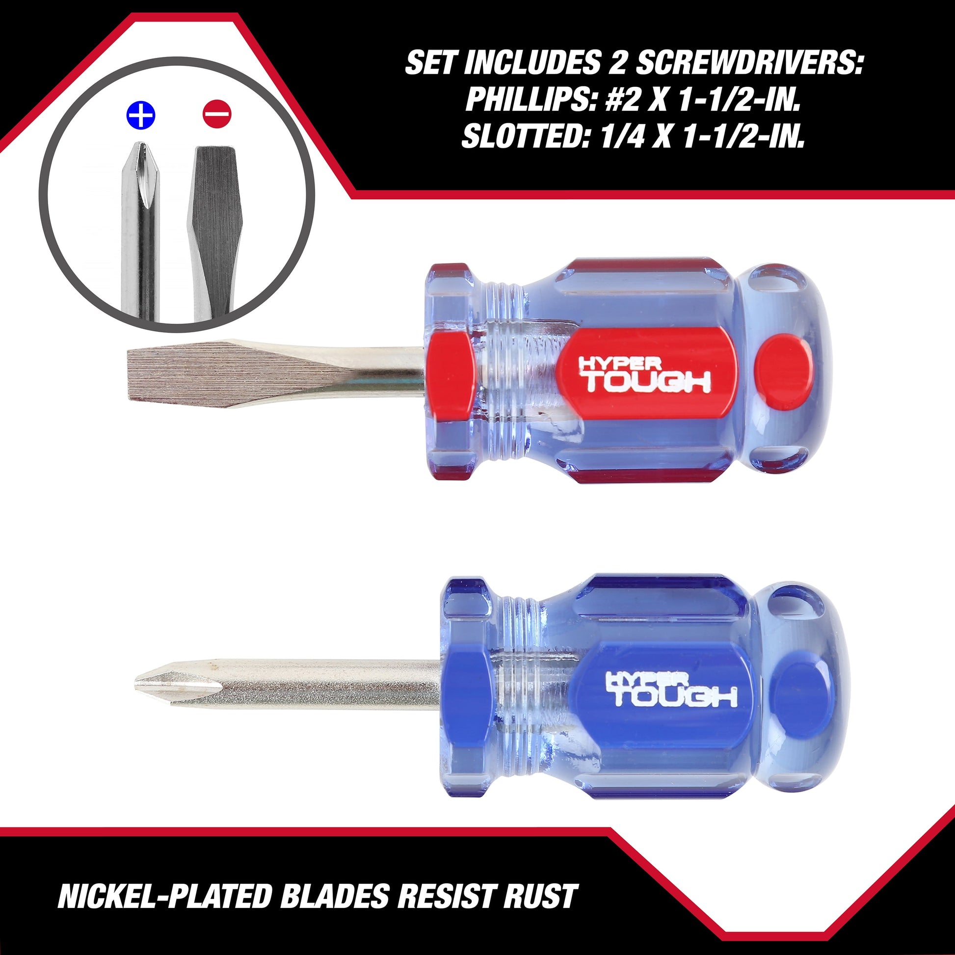 2-Piece Stubby Acetate Handle Screwdriver Set, #2 Philips & 1/4-Inch Slotted