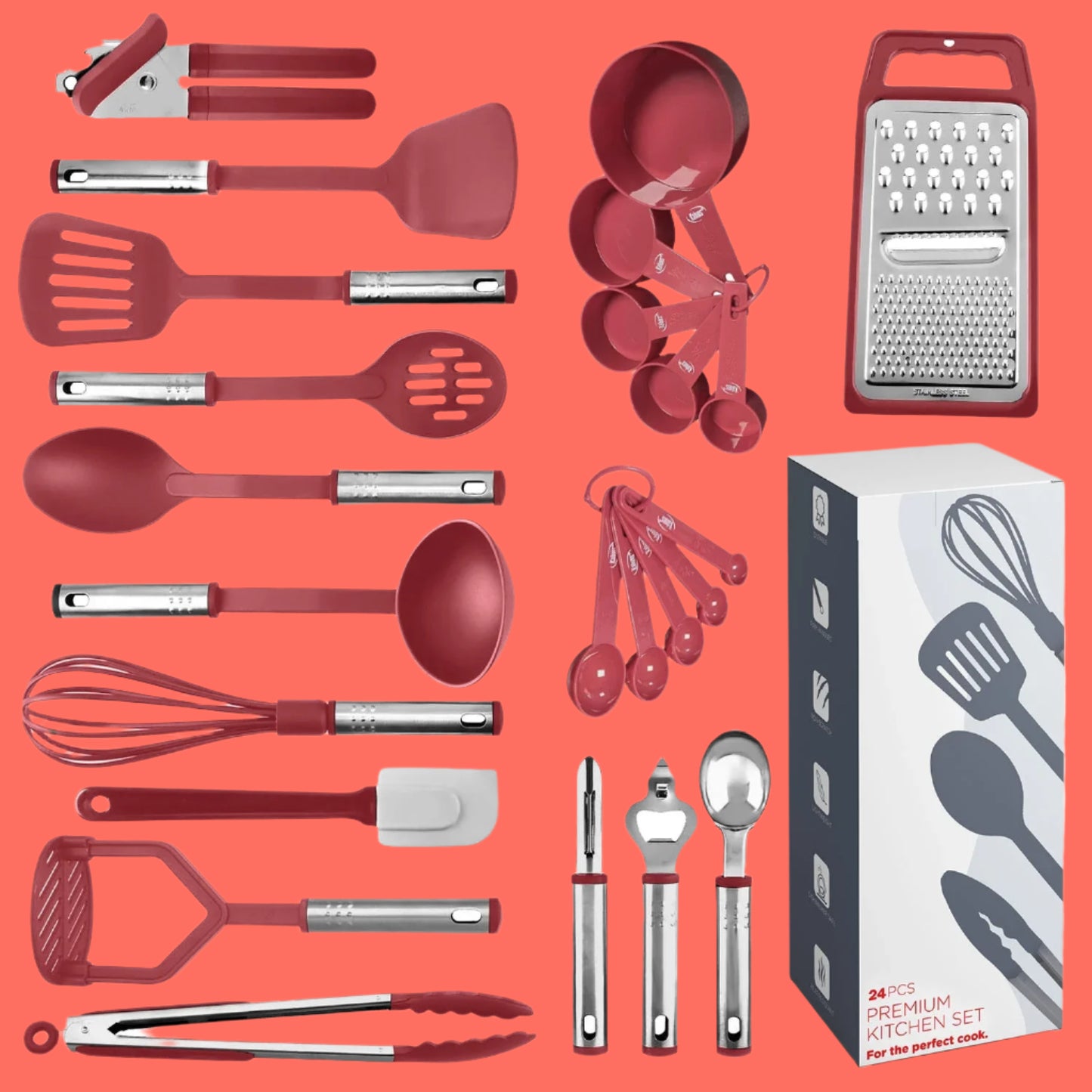 Stainless Steel Cooking Utensil Set, Non-Stick Cookware Set, 24Pc Heat Resistant Nylon Kitchen Accessories, Red