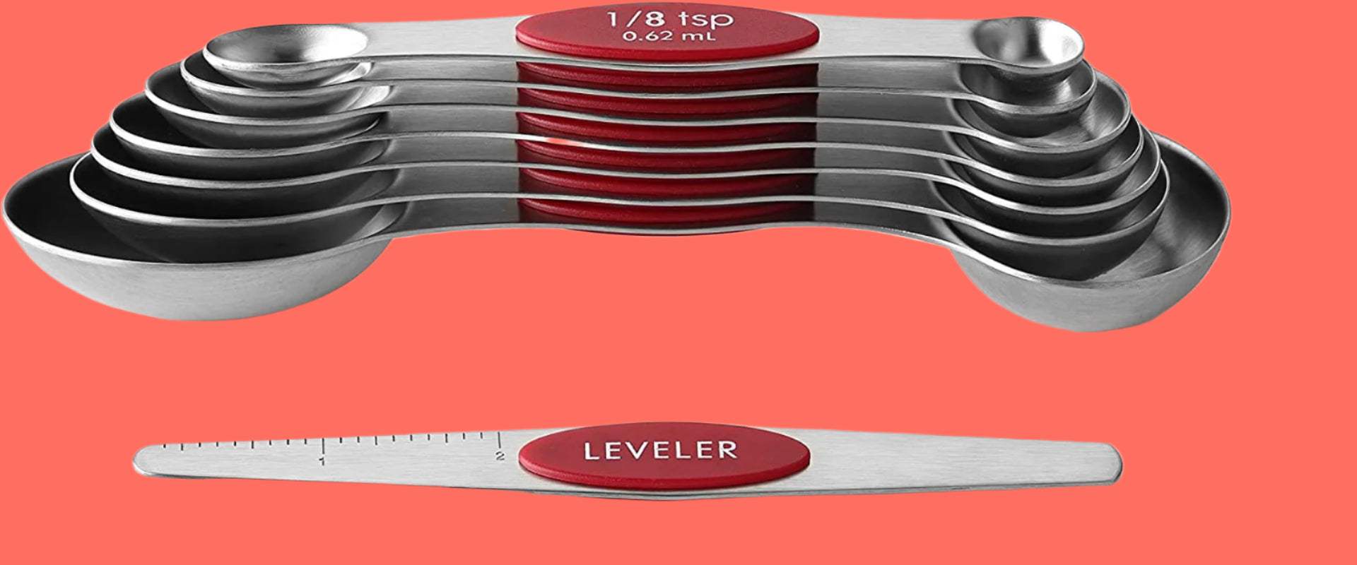 Red Stainless Steel Magnetic Measuring Spoons Set of 8 with Leveler, Dual Sided Nesting Teaspoon & Tablespoon Measuring Spoons, Kitchen Gadgets for Baking & Cooking, Fits in Spice Jars