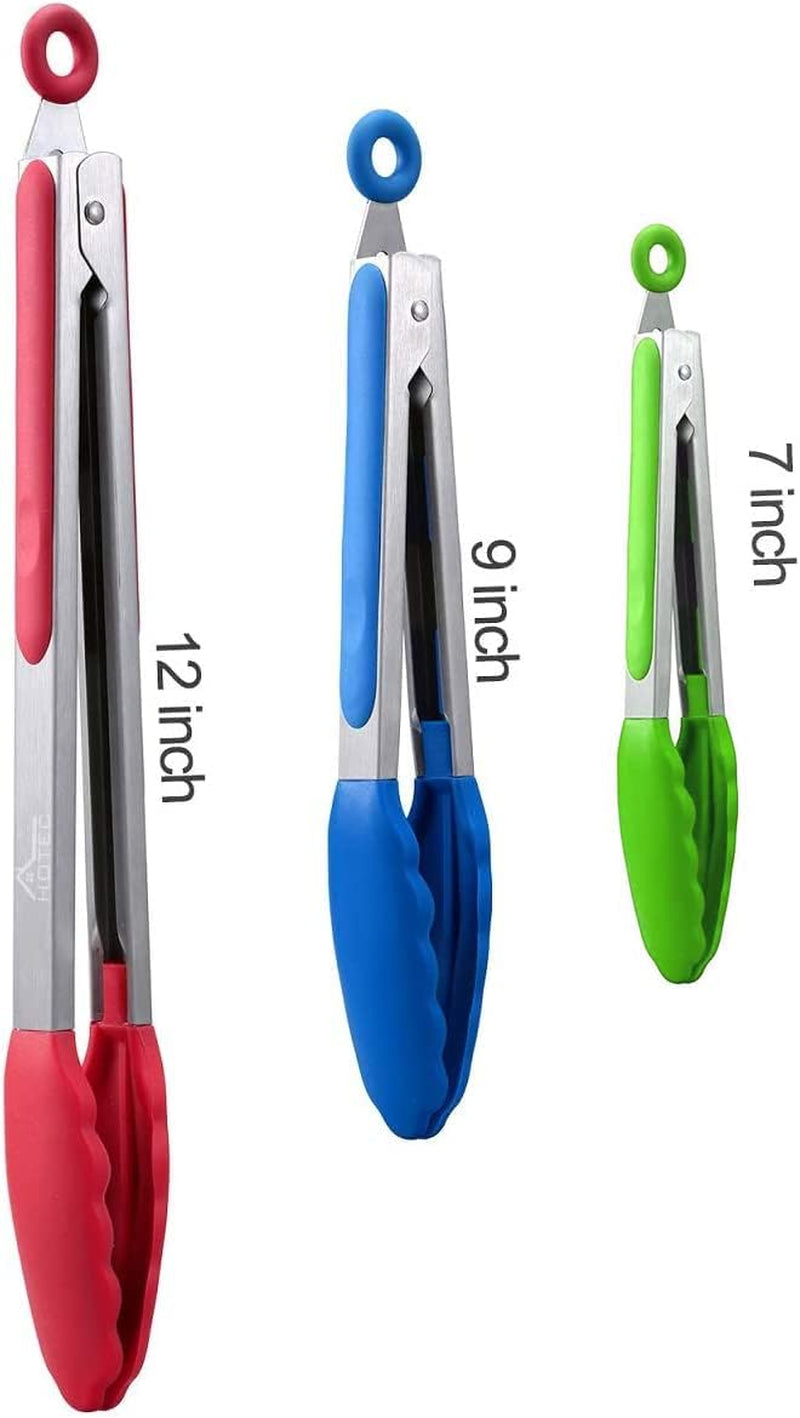 Premium Stainless Steel Locking Kitchen Tongs with Silicon Tips, Set of 3-7", 9" and 12" Multicolor
