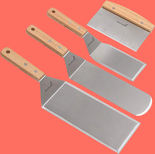 Stainless Steel Metal Spatula Set - Teppaniyaki Spatulas - Griddle Scraper Flat Spatula Pancake Flipper Hamburger Turner - Metal Utensil Great for BBQ Grill Flat Top Cast Iron Griddle Accessories