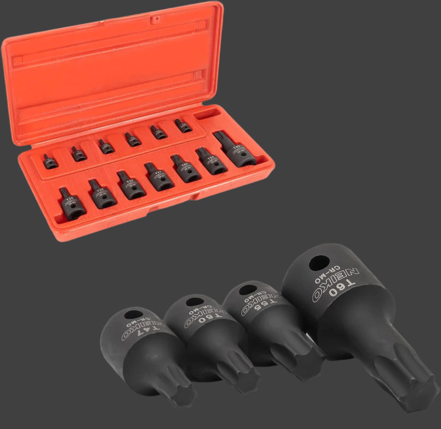 10281B Impact Torx Bit Socket Set, 1/4", 3/8", and 1/2" Drive, 6 Point Star Sockets, Heavy Duty Impact Grade Cr-Mo, T10 to T60 High Impact, Professional Grade Auto & Motorcycle Mechanic Socket