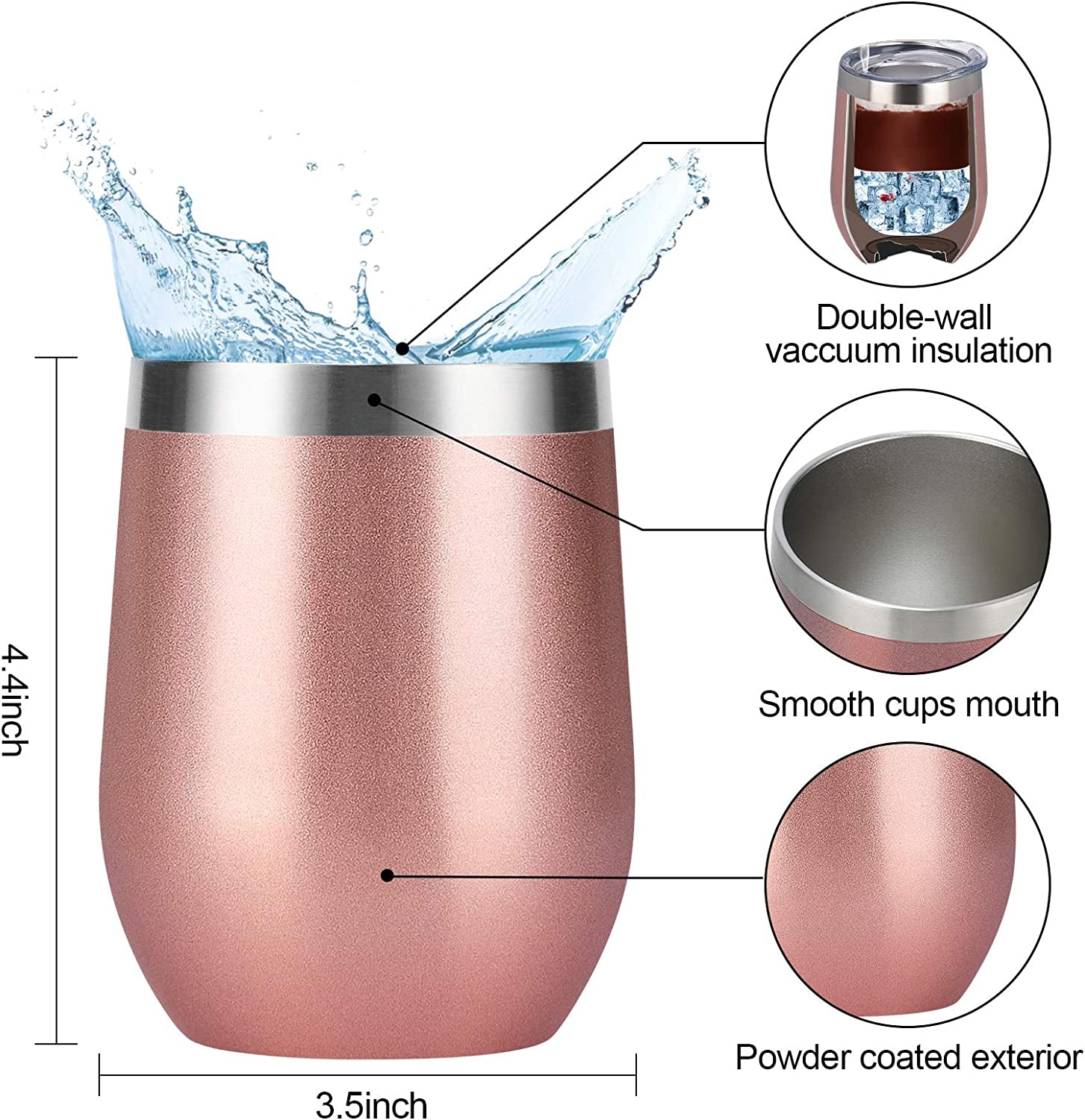 6 Pack Stainless Steel Wine Tumblers, 12Oz Insulated Wine Tumbler, Double Wall Insulated Wine Glass, Stainless Steel Stemless Wine Cups with Lids for Coffee, Wine, Cocktails, Champaign, Rose Gold…
