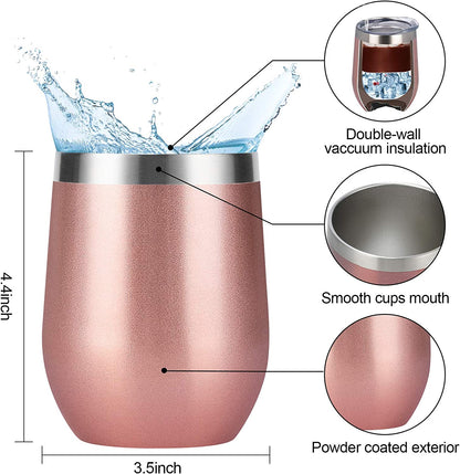 6 Pack Stainless Steel Wine Tumblers, 12Oz Insulated Wine Tumbler, Double Wall Insulated Wine Glass, Stainless Steel Stemless Wine Cups with Lids for Coffee, Wine, Cocktails, Champaign, Rose Gold…