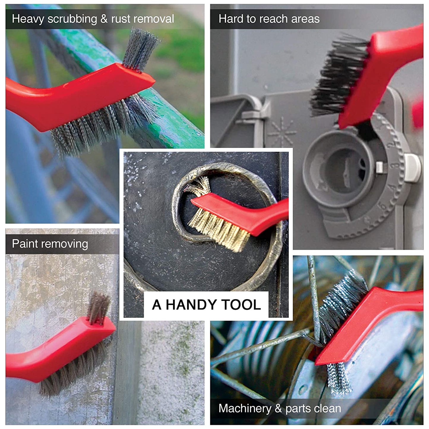 Wire Brush Set 3Pcs - Nylon/Brass/Stainless Steel Bristles with Curved Handle Grip for Rust, Dirt & Paint Scrubbing with Deep Cleaning – 7 Inches (Red)
